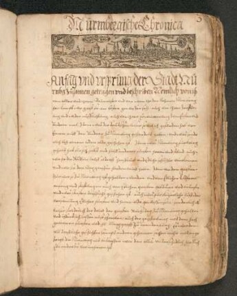 Zum Textanfang eingeklebter Holzschnitt: Nürnberg, Vedute