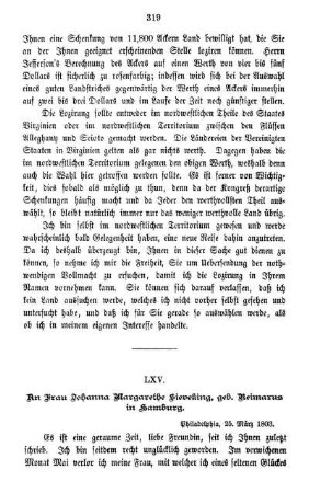 LXV. An Frau Johanna Margarethe Sieveking, geb. Reimarus in Hamburg.