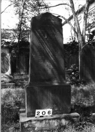 Grabstein 206 (Index: 99629707) Material: Sandstein Zustand: gut Maße HxBxT: 159x63x27 cm Beschreibung: Stele, getreppter Sockel, giebelartiger Abschluß: Grabstein 206