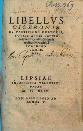 Libellvs Ciceronis De Partitione Oratoria
