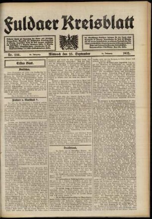 Erste Ausgabe vom Mittwoch, den 25. September 1912.