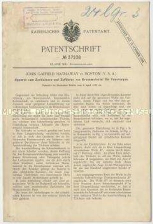 Patentschrift eines Apparates zum Zerkleinern und Zuführen von Brennmaterial für Feuerungen, Patent-Nr. 37238