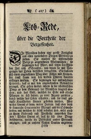 Lob-Rede, über die Vortheile der Vergessenheit.