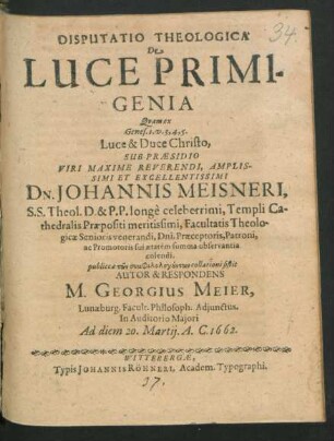 Disputatio Theologica De Luce Primigenia