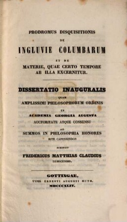 Prodromus disquisitionis De ingluvie columbarum et de materie, quae certo tempore ab illa excernitur : dissertatio inauguralis
