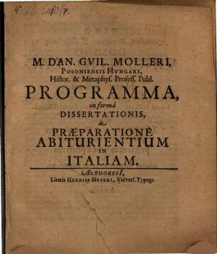 Programma in forma Dissertationis de praeparatione abiturientium in Italiam