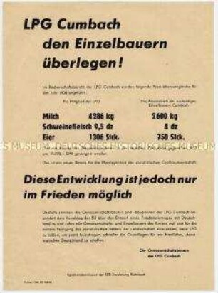Flugblatt der LPG Cumbach an Einzelbauern für Eintritt in die LPG, mit Erfolgsmeldungen aus der Genossenschaft
