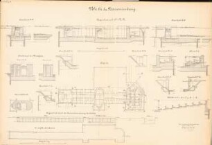 Kanalisierung der Oder Schleuse an der Neißemündung, Riebnig: Wehr, Pfeiler: Ansicht, Grundriss, Schnitte 1:200, 1:100