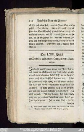 Der LXIII. Brief an Dieselbe, zu Rochers Sontag den 14 Jun. 1671.