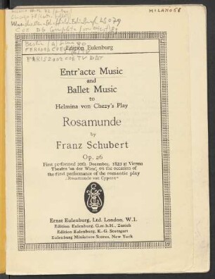 Entr'acte music and ballet music to Helmina von Chezy's play Rosamunde : op. 26