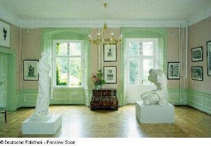 Bibliothek : Schloß Nöthnitz. Bibliothek mit Statue der Kleinen Herkulanerin (links)