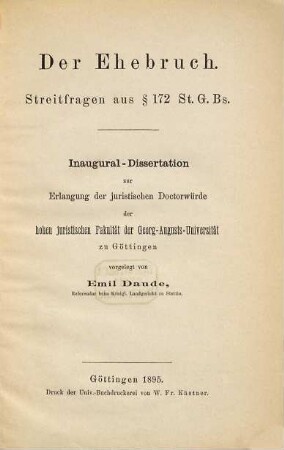 Der Ehebruch : Streitfragen aus § 172 St.G.B.s