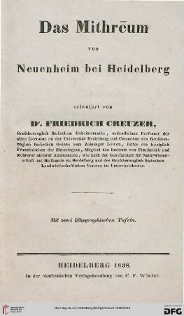 Das Mithrēum von Neuenheim bei Heidelberg : mit zwei lithographischen Tafeln