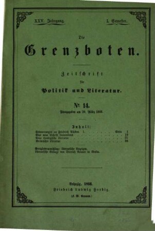 Die Grenzboten : Zeitschrift für Politik, Literatur und Kunst. 25. 1866, Bd. 2