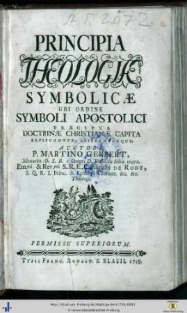 Principia theologiae symbolicae ubi ordine symboli apostolici praecipue doctrinae Christianae capita explicantur, asserunturque