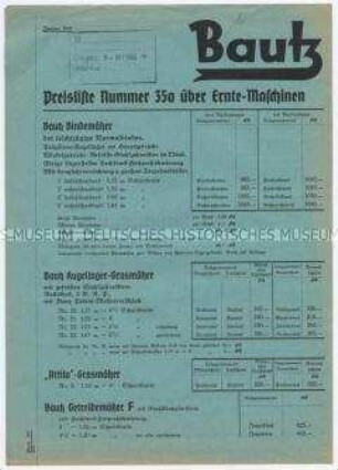 Bautz Preisliste Nummer 35a über Ernte-Maschinen
