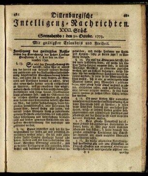 XXXI. Stück. Sonnabends: den 30. Octobr. 1773.