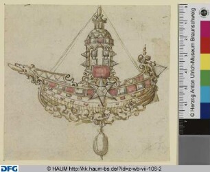 Entwurf für einen Diamant-Rubin-Anhänger in Schiffsform mit Turm, Sechsstern und anhängender Perle
