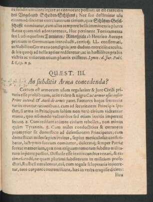 Quaest. III. An subditis Arma concedenda?