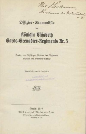 Offizier-Stammliste des Königin Elisabeth Garde-Grenadier-Regiments Nr. 3 : zum 50jährigen Bestehen des Regiments