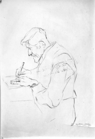 Beim Schreiben (Hans Richter). Kohlezeichnung (1938; E. Richter). Dresden-Südvorstadt, Eisenstuckstraße, Atelier der Künstlerin