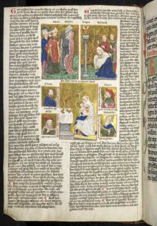 (1) Antitypus: Sturz des ägyptischen Götzen; (2) Typus: Moses zerbricht die Gesetzestafeln; (3) Typus: Der zerbrochene Götze Dagon; Propheten-Brustbild
