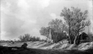 Landschaft mit Hütte und Bäumen