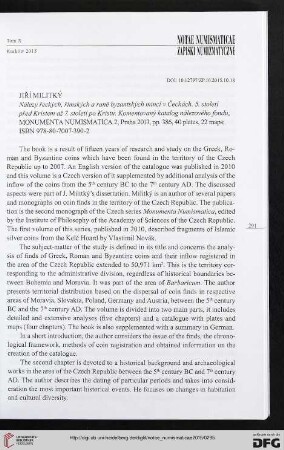 10: [Rezension von: Jiří Militký, Nálezy řeckých, římských a raně byzantských mincí v Čechách. 5. století před Kristem až 7. století po Kristu]