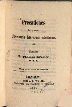 Precationes in usum iuventutis literarum studiosae
