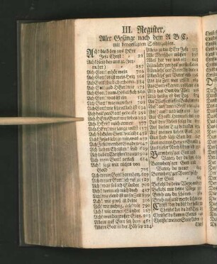 III. Register, Aller Gesänge nach dem ABC, mit beygefügten Seitenzahlen.