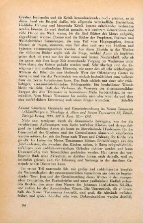94-95 [Rezension] Schweizer, Eduard, Gemeinde und Gemeindeordnung im Neuen Testament