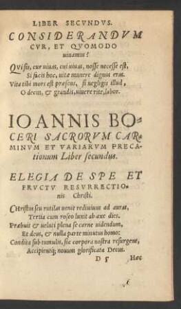 Ioannis Boceri Sacrorum Carminum Et Variarum Precationum Liber secundus.