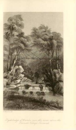 Dyak bridge of Bambu over the river above the Sennah Village Saràwak