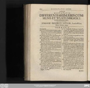 LXXXIII. Disputatio Differentiarum Iuris Communis Et Wurtembergici, Continuatio. Respondente Iohanne Friderico Sattler, Lauffa-Würt. Mens. Octobr. 1705.