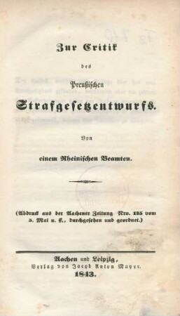 Zur Critik des Preußischen Strafgesetzentwurfs
