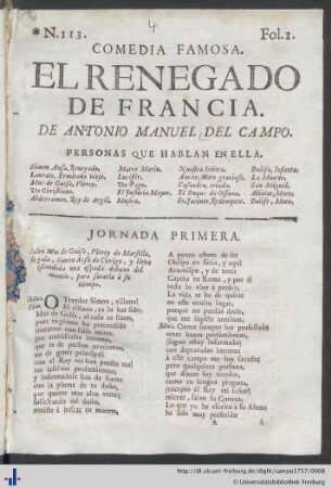 Comedia Famosa: El Renegado De Francia.