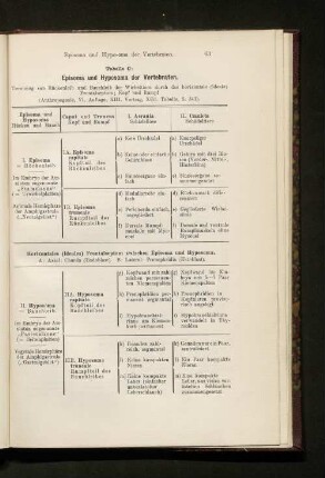 Tabelle C: Episoma und Hyposoma der Vertebraten.