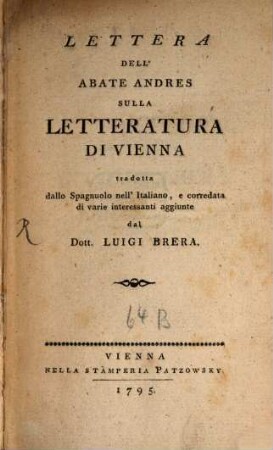 Lettera dell'Abate Andres sulla letteratura di Vienna