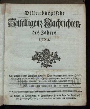 1784: Dillenburgische Intelligenz-Nachrichten, des Jahres 1784
