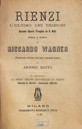 Rienzi, l'ultimo dei tribuni : grande opera tragica in 5 atti