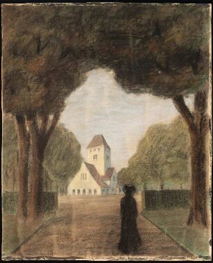 Osterholzer Friedhof, Bremen: Perspektivische Ansicht mit Blick von einem Seitenweg auf die Hauptkapelle