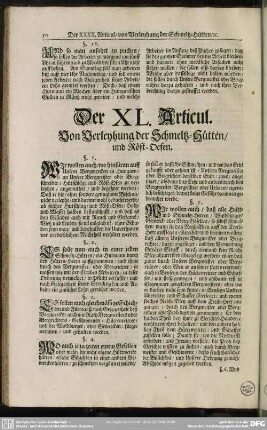 Der XL. Articel. Von Verleyhung der Schmeltz-Hütten, und Röst-Oefen