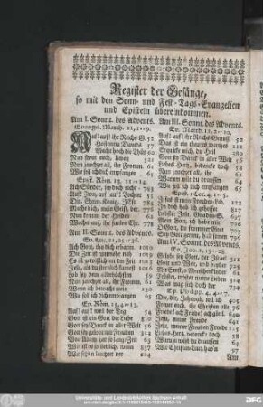 Register der Gesänge, so mit den Sonn- und Fest-Tags-Evangelien und Episteln übereinkommen.