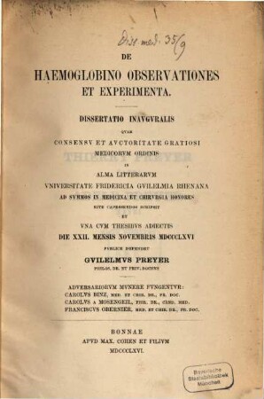 De haemoglobino observationes et experimenta : Diss. inaug.