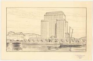 Hochhaus am Bahnhof Friedrichstraße, Berlin: Perspektivische Ansicht von der Spree aus