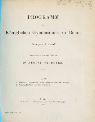 Programm des Königlichen Gymnasiums zu Bonn : Schuljahr ..., 1878/79