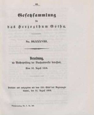 588. Verordnung, die Meisterprüfung der Bauhandwerker betreffend; vom 10. August 1858.