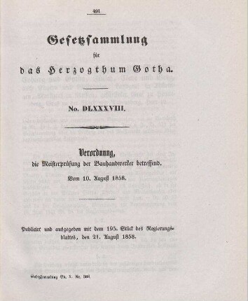 588. Verordnung, die Meisterprüfung der Bauhandwerker betreffend; vom 10. August 1858.