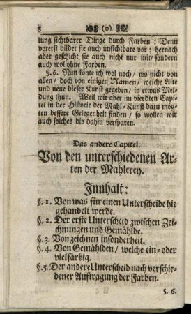 Das andere Capitel. Von den unterschiedenen Arten der Mahlerey.