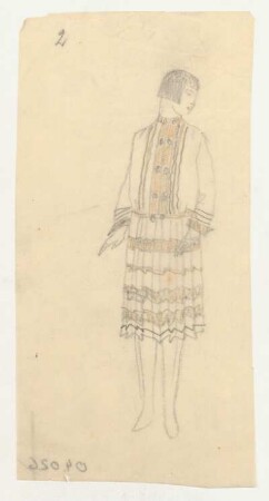 Figurine in Bluse und Rock : Weibliche Figur in einer Bluse mit doppeltem Knopfverschluss, langen Ärmeln mit Manschetten; Faltenrock mit Querstreifen